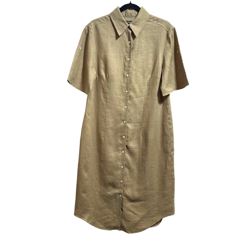 Vintage The J. Peterman Company 100% Linen Midi Dress Button Front Women's 8